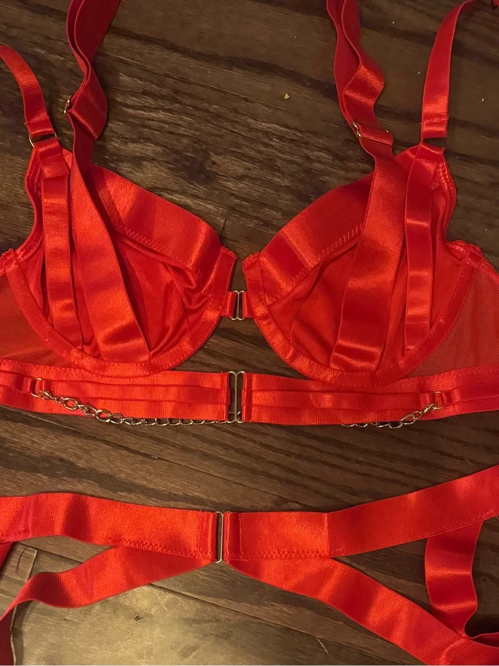 Sexy Red Satin Strappy Lingerie Set - Women Intimates & Sleepwear